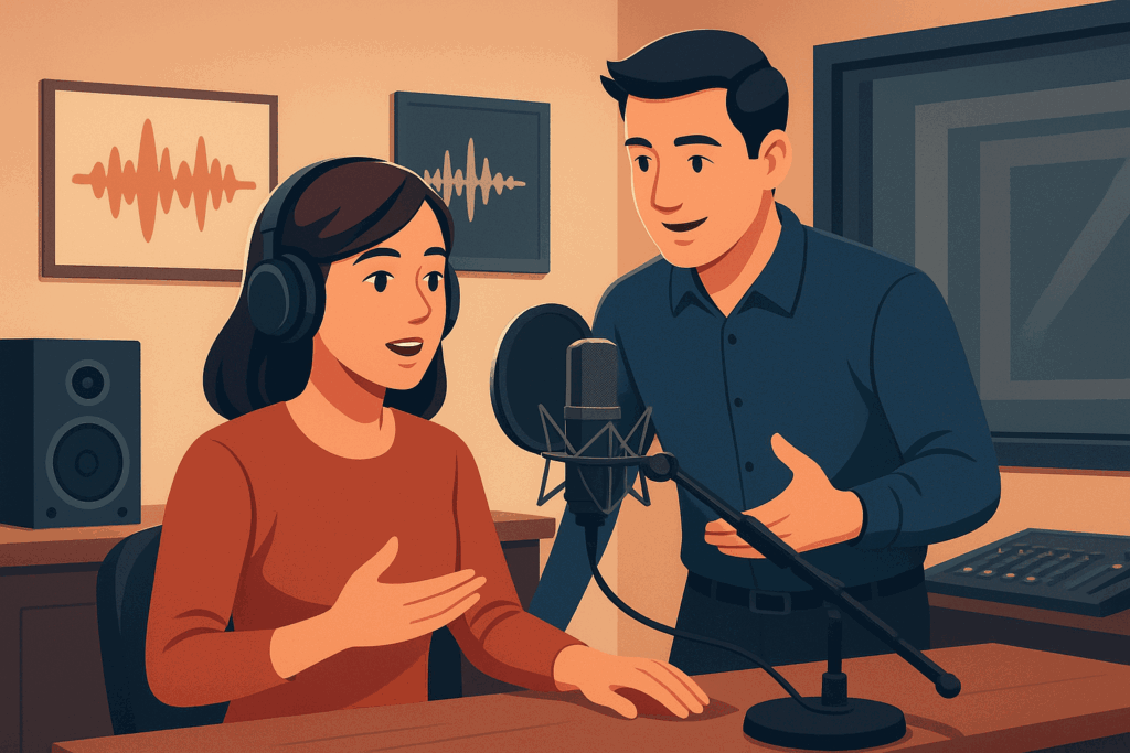 Business owner using voice-over for social media marketing to boost brand trust and audience engagement. The Role of a Voice-over Trainer