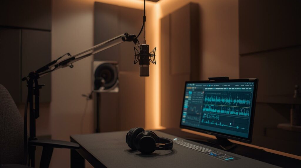 Dubbing studio in Delhi with professional audio equipment and an acoustically treated sound booth.