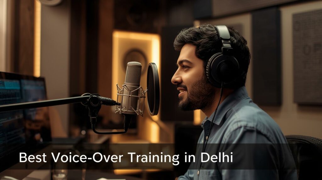 Voice-over training in Delhi — student recording in studio with microphone and headphones, learning professional voice techniques.