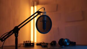 Home studio setup with the best recording microphone on a boom arm, surrounded by acoustic treatment for clear and professional voice recordings.