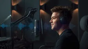 A good voice-over studio with professional microphone, acoustic panels, and voice talent recording high-quality audio to build brand trust and credibility.