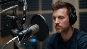 Professional voice-over studio recording with acoustic treatment and high-end microphone