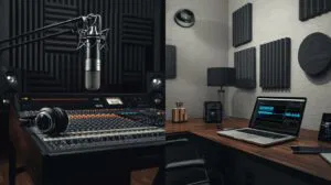 Voice-over studio vs home recording comparison showing professional studio and home setup