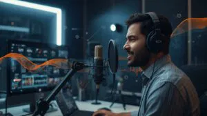 A professional Indian voice-over artist recording in a studio, representing key voice-over trends in India for branding, advertising, and digital content in 2025.