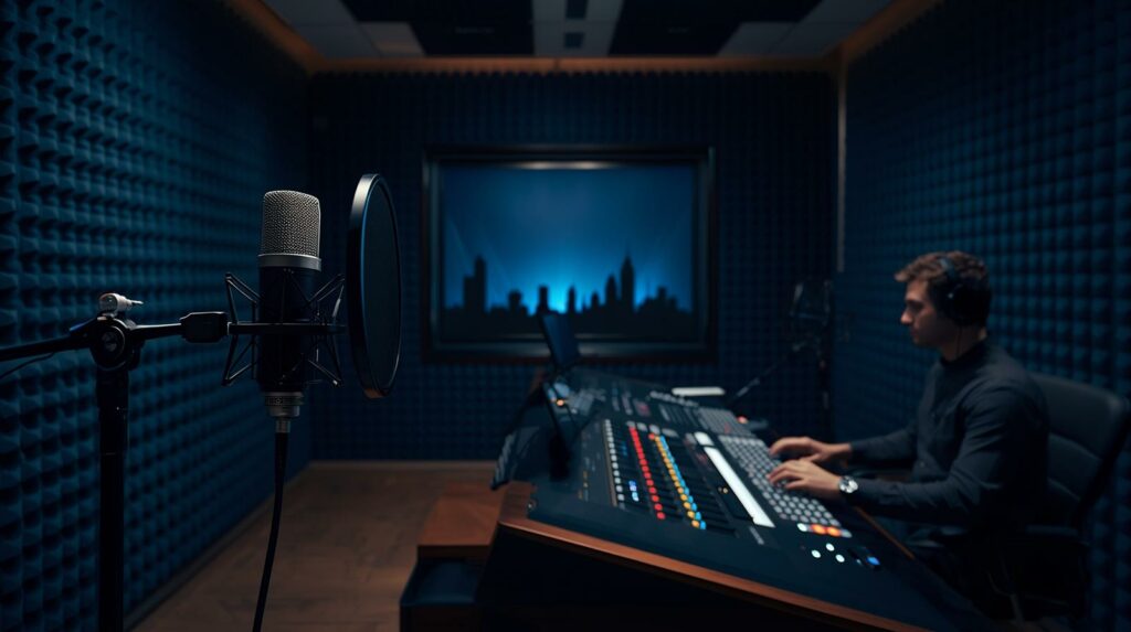 Professional soundproof recording booth showcasing the right dubbing studio in Delhi with advanced audio equipment and mixing console.