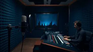Professional soundproof recording booth showcasing the right dubbing studio in Delhi with advanced audio equipment and mixing console.
