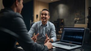 Client discussing dubbing project pricing with studio manager