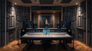 Voice artist recording professional dubbing content in studio