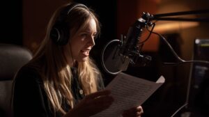 Professional dubbing studio in Delhi with microphone and sound engineer