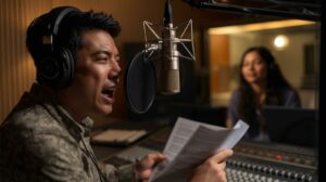 Professional voice-over artist recording with sound engineer guidance