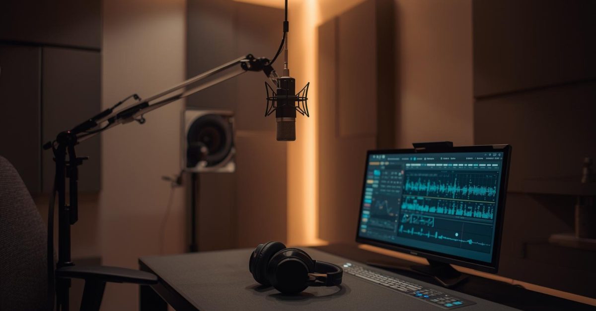 Dubbing studio in Delhi with professional audio equipment and an acoustically treated sound booth.