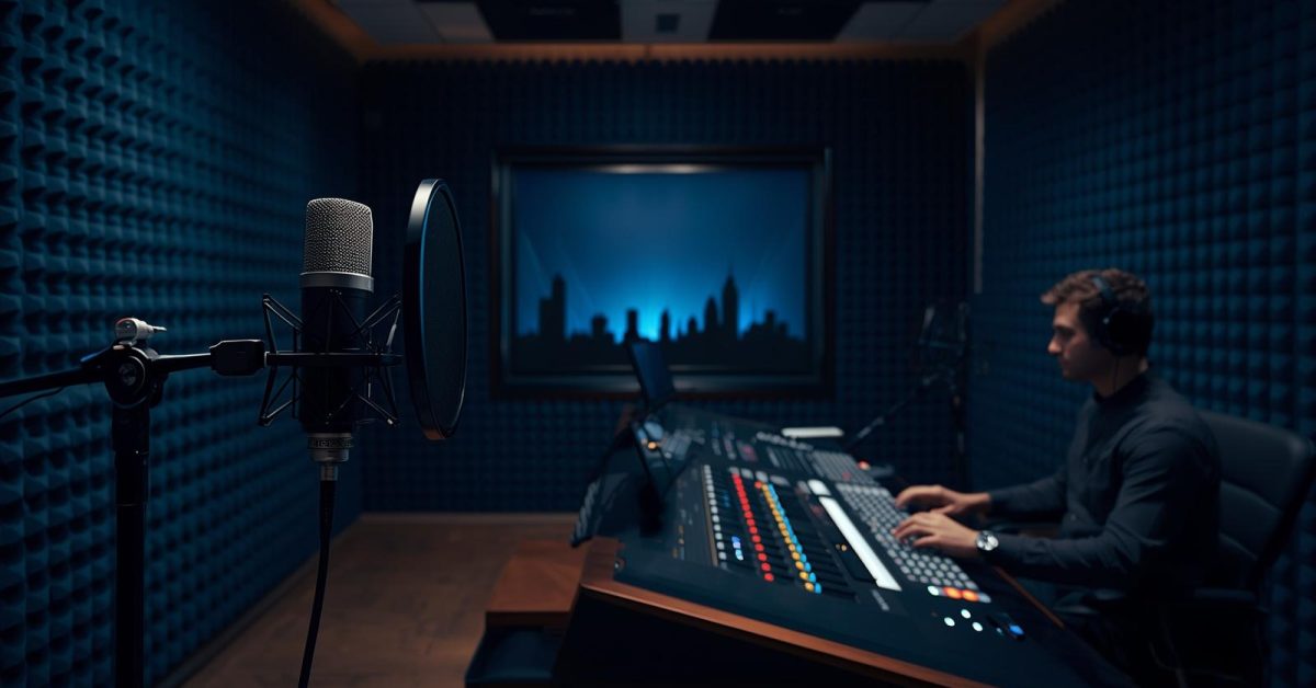 Professional soundproof recording booth showcasing the right dubbing studio in Delhi with advanced audio equipment and mixing console.