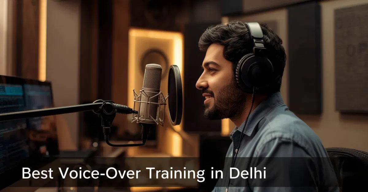 Voice-over training in Delhi — student recording in studio with microphone and headphones, learning professional voice techniques.