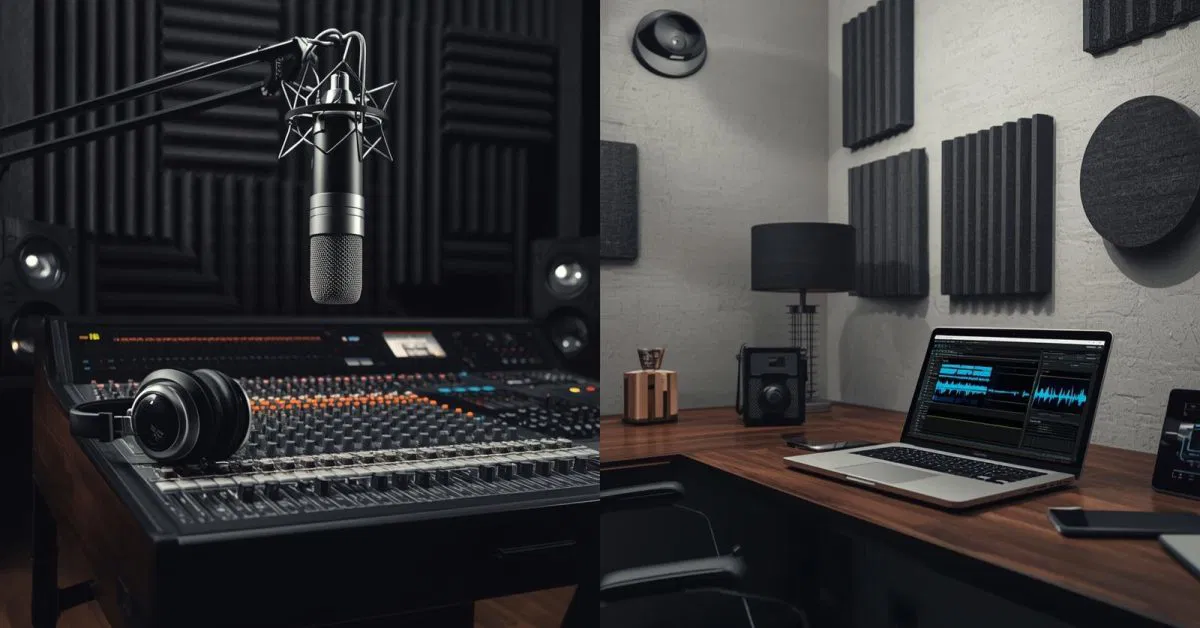 Voice-over studio vs home recording comparison showing professional studio and home setup